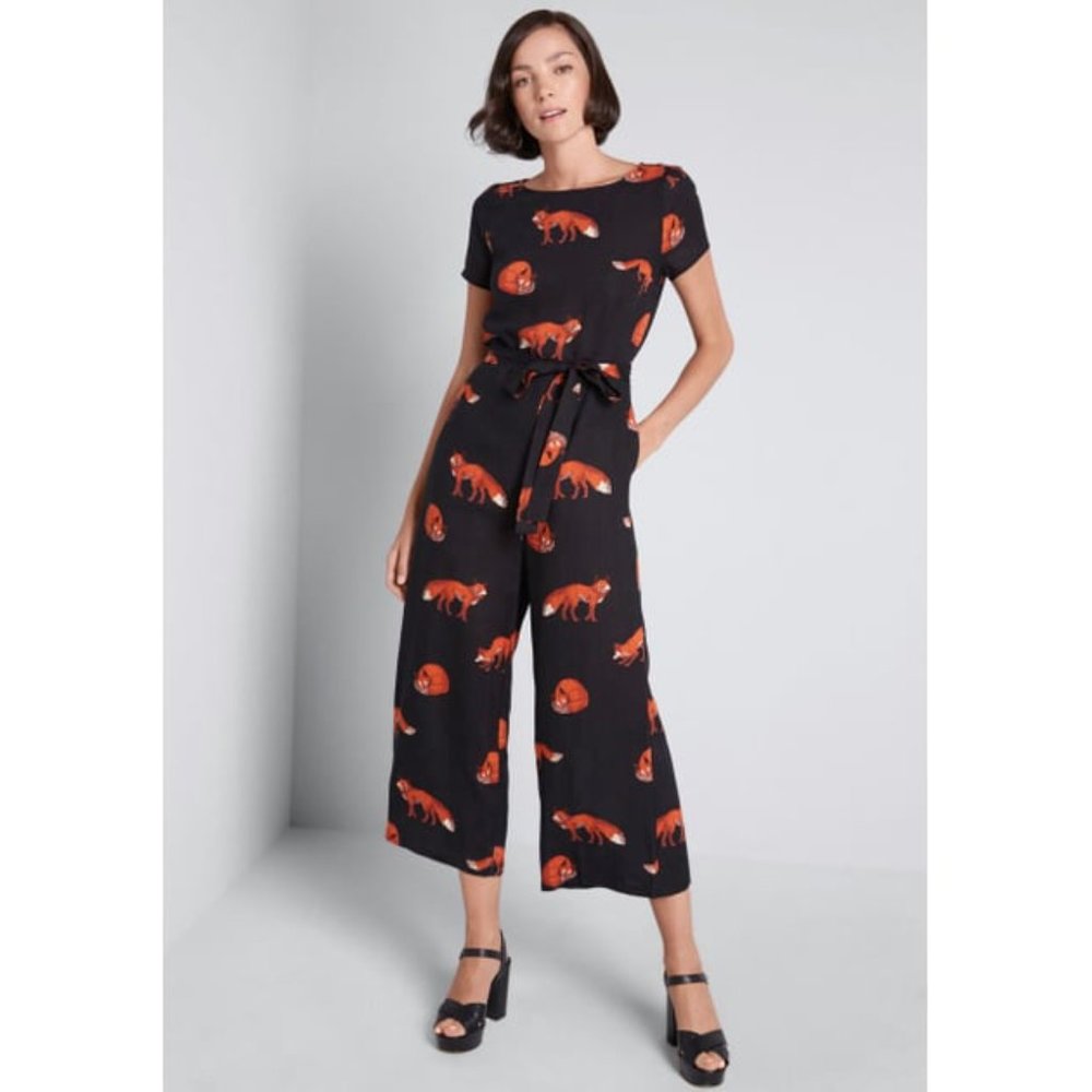 Modcloth Bold Notion Tie Waist Jumpsuit Fox Print